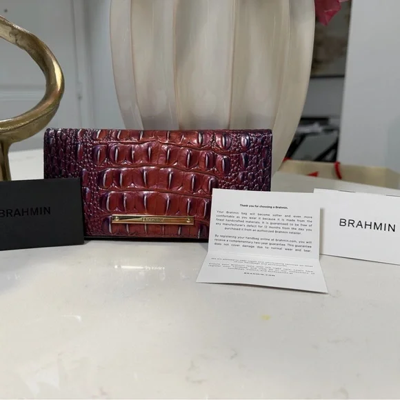 Brahmin Burgundy and Chestnut Crocodile Embossed Clutch - Picture 4 of 12